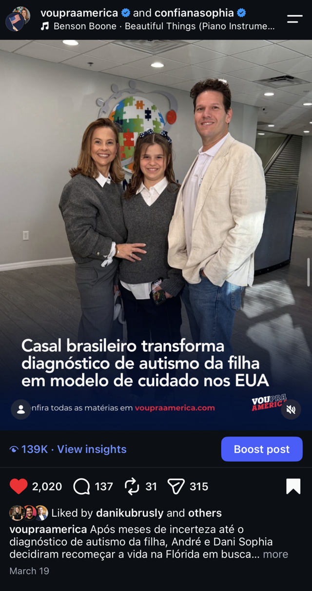 Casal brasileiro transforma diagnóstico de autismo da filha em modelo de cuidado nos EUA